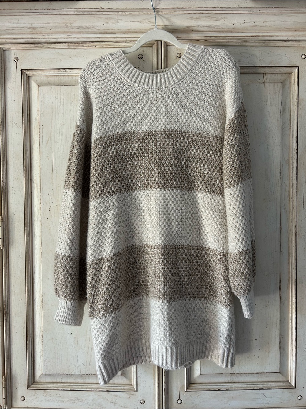 Francesca's Collections Ivory and Taupe Striped Crewneck Sweater Dress